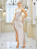 One-shoulder Split Hem Ruched Dress, Sleeveless Ankle Dress For Party & Banquet, Women's Clothing