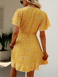 Floral Print Ruffle Hem Wrap Dress, Sexy Short Sleeve V-neck Dress For Spring & Summer, Women's Clothing