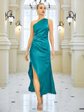 One-shoulder Split Hem Ruched Dress, Sleeveless Ankle Dress For Party & Banquet, Women's Clothing