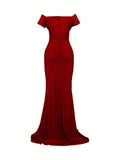 Off Shoulder Split Thigh Dress, Elegant Solid Bodycon Party Maxi Dress, Women's Clothing